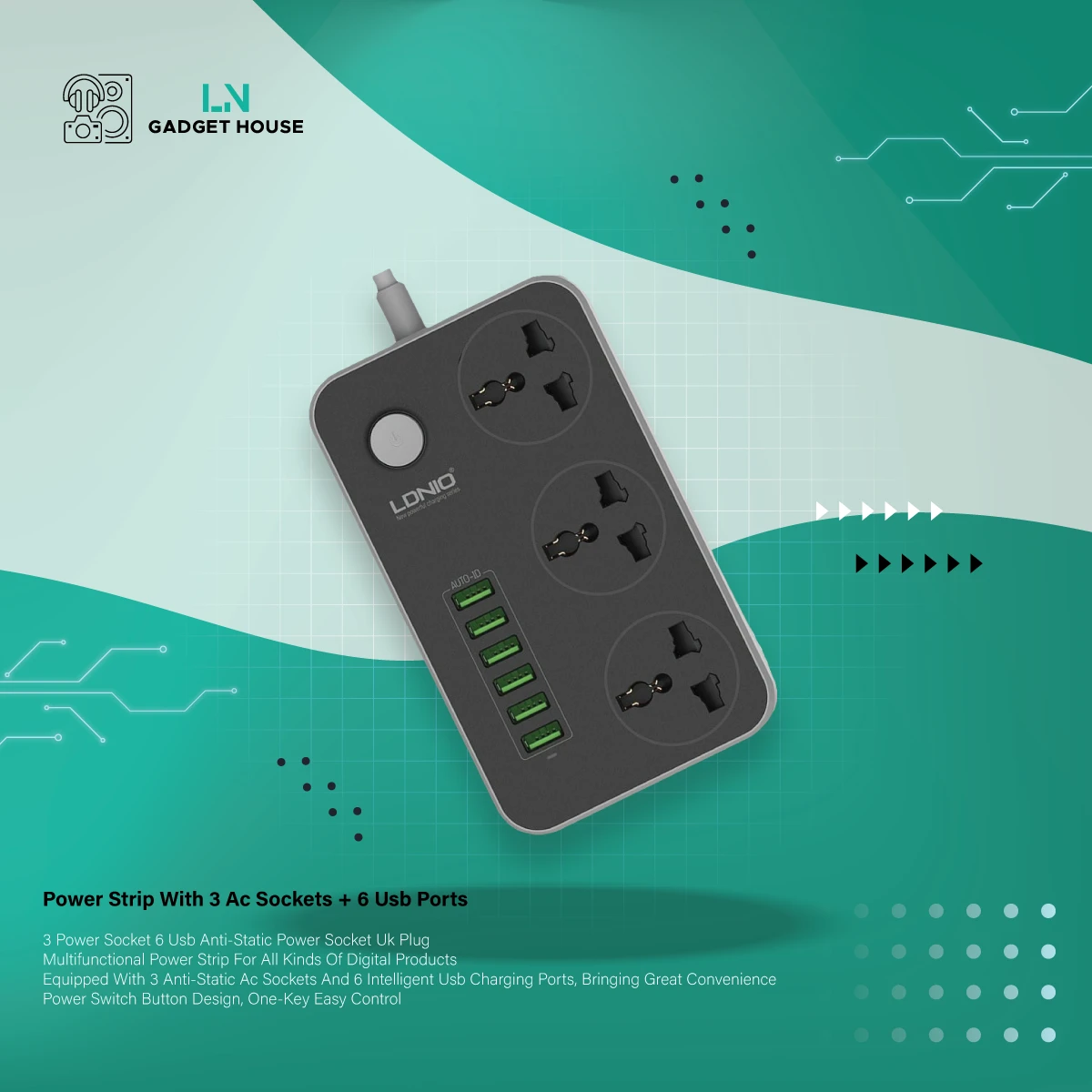 LDNIO 6 USB Ports and 3 Power Socket Extension