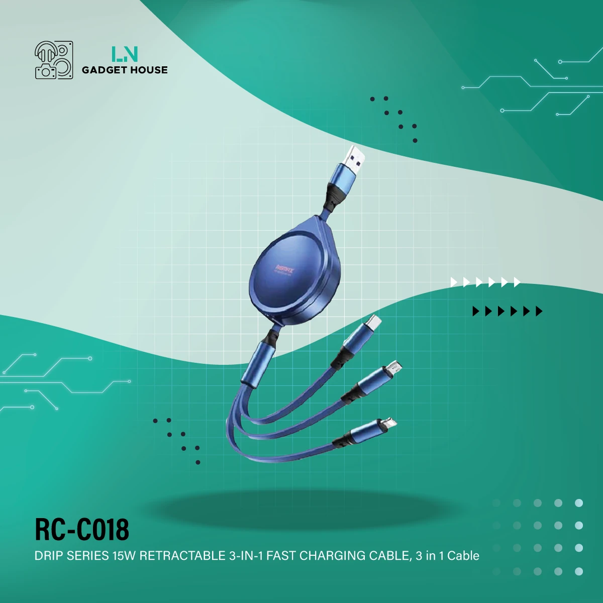 REMAX RC-C018 DRIP SERIES 15W RETRACTABLE 3-IN-1 FAST CHARGING CABLE, 3 in 1 Cable, Fast Charging Cable, 15W Cable