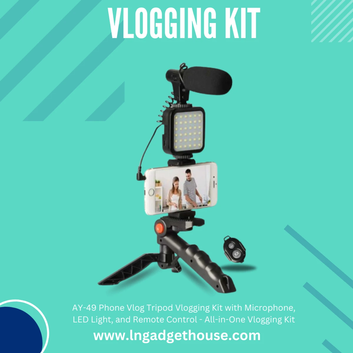 AY-49 Phone Vlog Tripod Vlogging Kit with Microphone, LED Light, and Remote Control - All-in-One Vlogging Kit