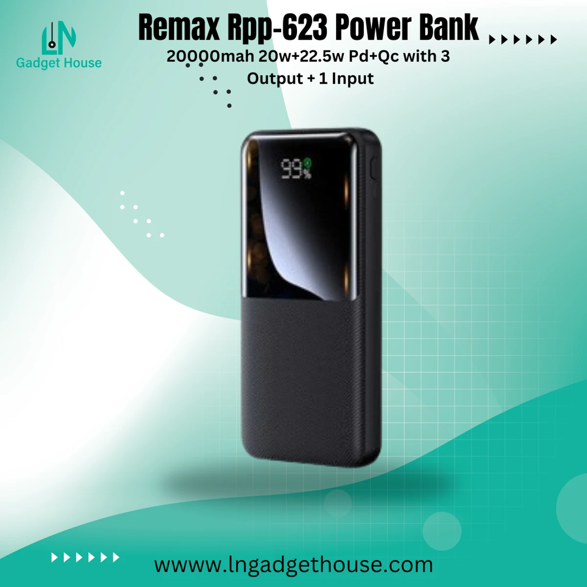 Remax Rpp-623 Power Bank 20000mah 20w+22.5w Pd+Qc with 3 Output + 1 Input