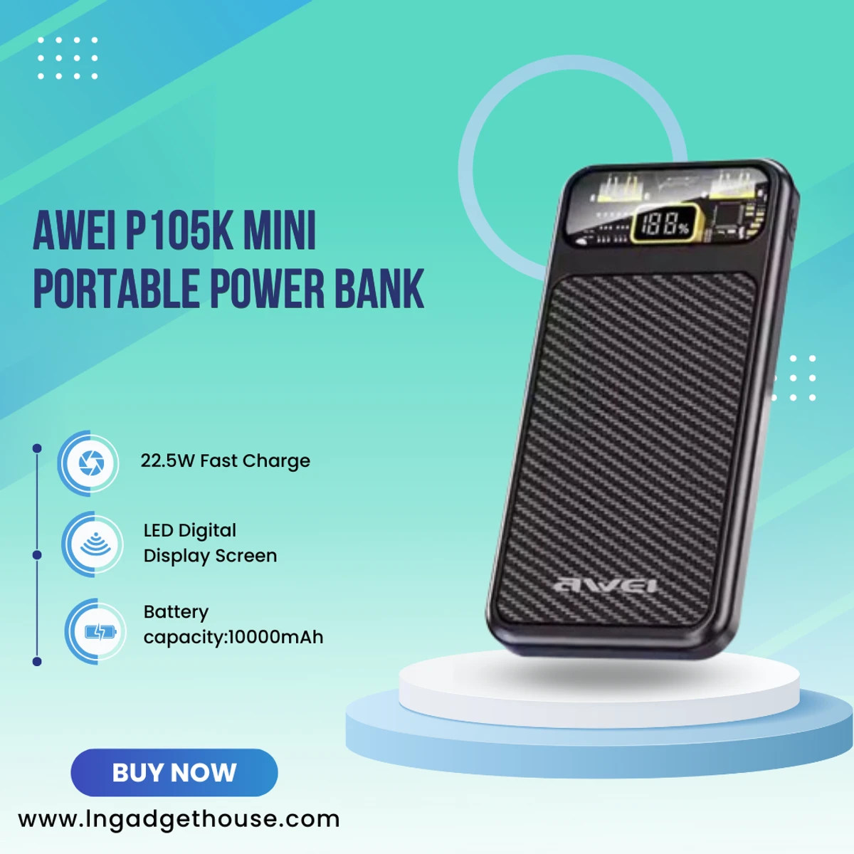 Awei P105K Mini Portable Power Bank 10000mAh Powerbank PD 22.5W Fast Charge External Battery Type C+2USB Outputs For iOS/Android