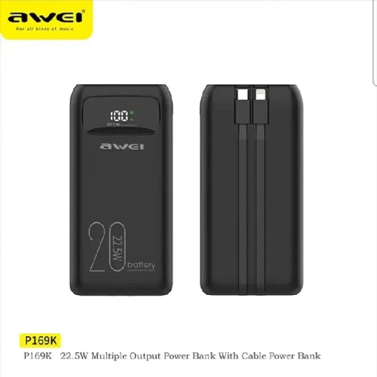 Awei P169K 20000mAh Portable Power Bank- 22.5W With Cable