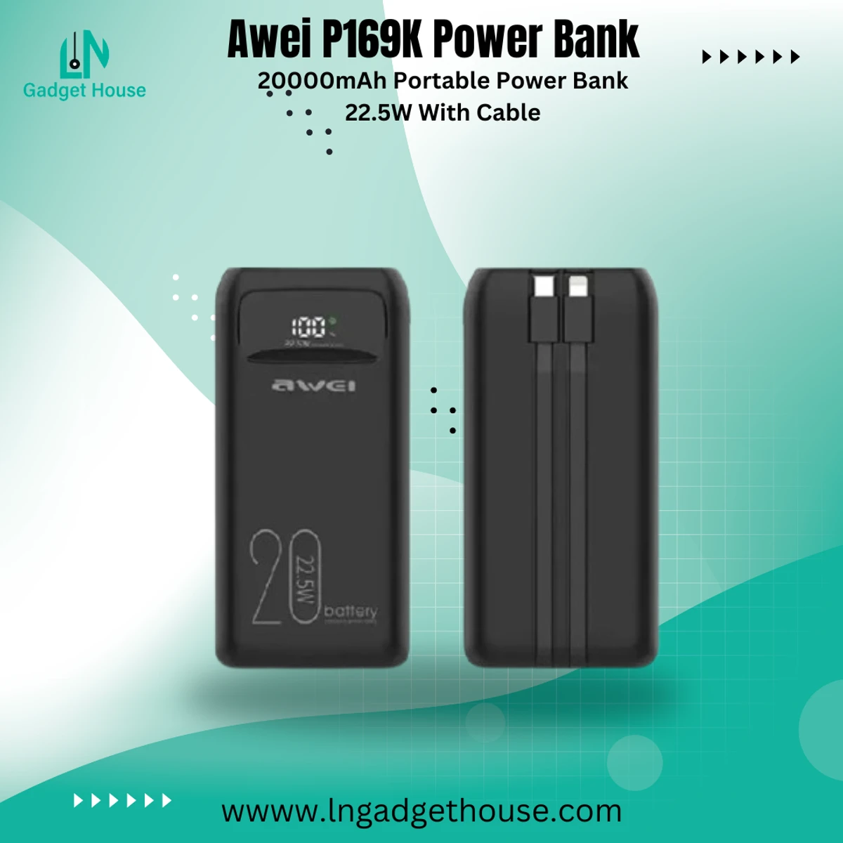 Awei P169K 20000mAh Portable Power Bank- 22.5W With Cable