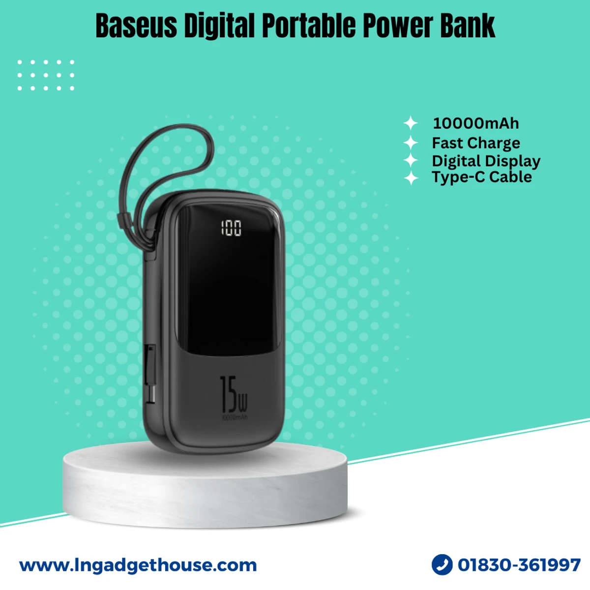 Baseus 10000mAh 15W Digital Display Power Bank With Type-C Cable