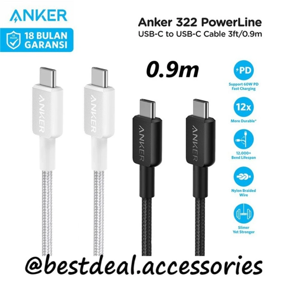 Anker 322 USB-A to USB-C Nylon Braided Charging Cable 3ft