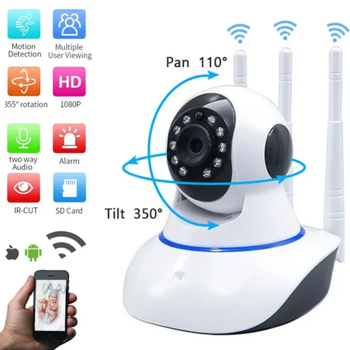 V380 Q5 3 antenna Full HD Robot IP Camera Night Vision Wireless Wifi Camera 2way Audio 360 degree CCTV Camera 2MP HD 1080p SD Card Support