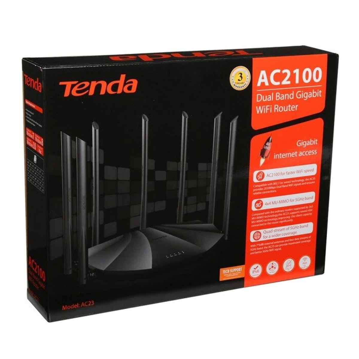 Tenda AC23 2033mbps AC2100 7 Antenna Dual Band Gigabit Wireless Router (Black)