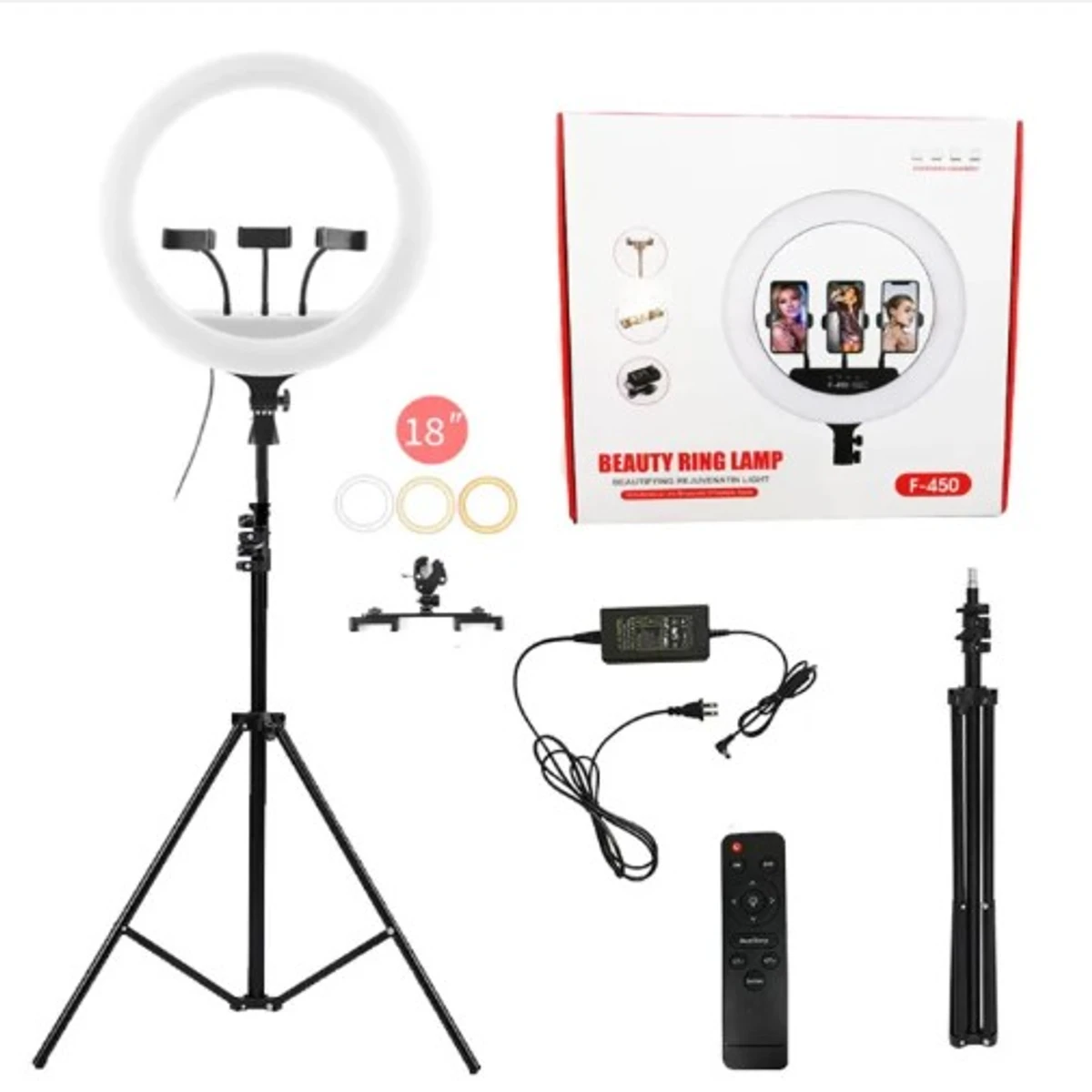 18" Inch (45cm) LED Ring Light & 3 Phone Holder With Tripod Selfie Mobile Laptop Live Beauty Light Lamp Big Photography Ringlight with Stand for Phone Studio for Tiktok Youtube Live Makeup Photography